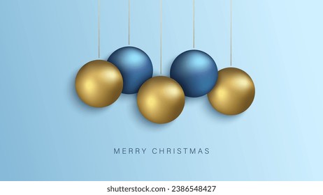 Merry Christmas celebration banner with gold and blue colored Christmas balls. Vector illustration.