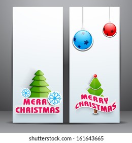 Merry Christmas celebration banners with glossy Xmas trees with decorated snowflakes and hanging glossy Xmas balls. 