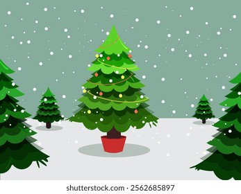 Merry christmas celebration with beautiful decorative christmas trees in snowfall landscape vector illustration.