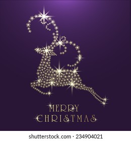 Merry Christmas celebration with beautiful reindeer made by creative shiny flowers on purple background.