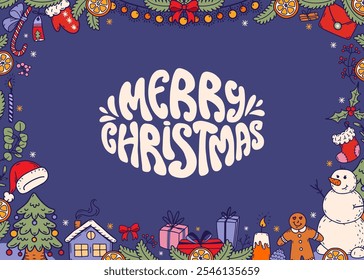 Feliz Natal celebração azul fundo. Quadro horizontal com elementos de doodle de Natal acolhedor. Árvore de abeto decorada, boneco de neve, biscoitos de gengibre e guirlanda. Ilustração de rabisco vetorial.