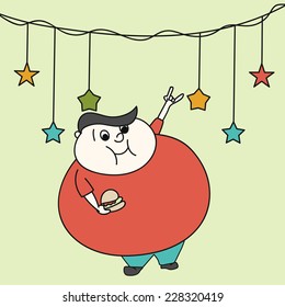 Merry Christmas celebration with bulky cartoon man dancing and holding burger on stars decorated background.