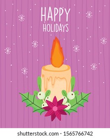 merry christmas celebration burning candle flower leaves snowflakes vector illustration
