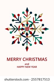 Merry Christmas celebration card with colorful section snowflake on white background. Flat vector illustration. Template for poster, cover, label, invitation.