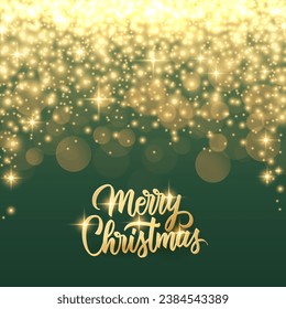 Merry Christmas celebration card with gold colored hand lettering greetings and golden glittering sparks. Luxury holiday background. Vector illustration.