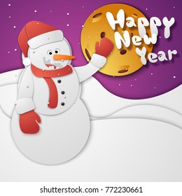 Merry Christmas celebration card with snowman and moon paper style vector illustration