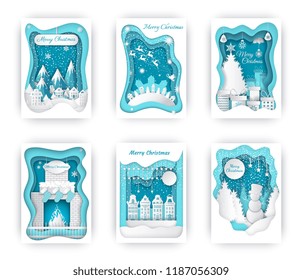 Merry Christmas celebration cards set vector with greeting and buildings under snow. Snowflakes and snowman, chimney with fire and presents in boxes