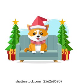 Merry christmas celebration with cartoon baby fox in santa cap and sit arm chair, xmas tree, gift box decorate living room illustration.