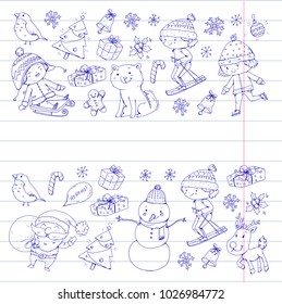 Merry Christmas celebration with children. Kids drawing illustration with ski, gifts, Santa Claus, snowman. Boys and girls play and have fun. School and kindergarten, preschool children