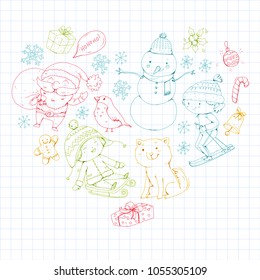 Merry Christmas celebration with children. Kids drawing illustration with ski, gifts, Santa Claus, snowman. Boys and girls play and have fun. School and kindergarten, preschool children