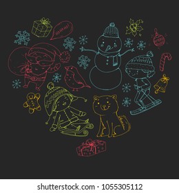 Merry Christmas celebration with children. Kids drawing illustration with ski, gifts, Santa Claus, snowman. Boys and girls play and have fun. School and kindergarten, preschool children