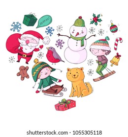 Merry Christmas celebration with children. Kids drawing illustration with ski, gifts, Santa Claus, snowman. Boys and girls play and have fun. School and kindergarten, preschool children