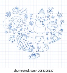 Merry Christmas celebration with children. Kids drawing illustration with ski, gifts, Santa Claus, snowman. Boys and girls play and have fun. School and kindergarten, preschool children