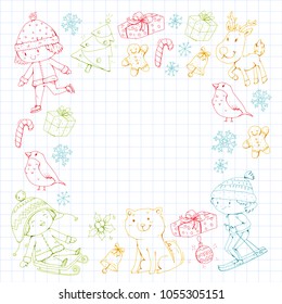 Merry Christmas celebration with children. Kids drawing illustration with ski, gifts, Santa Claus, snowman. Boys and girls play and have fun. School and kindergarten, preschool children