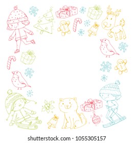 Merry Christmas celebration with children. Kids drawing illustration with ski, gifts, Santa Claus, snowman. Boys and girls play and have fun. School and kindergarten, preschool children
