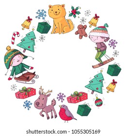 Merry Christmas celebration with children. Kids drawing illustration with ski, gifts, Santa Claus, snowman. Boys and girls play and have fun. School and kindergarten, preschool children