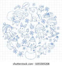 Merry Christmas celebration with children. Kids drawing illustration with ski, gifts, Santa Claus, snowman. Boys and girls play and have fun. School and kindergarten, preschool children