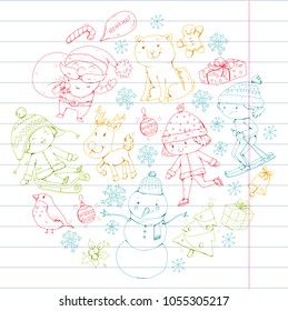 Merry Christmas celebration with children. Kids drawing illustration with ski, gifts, Santa Claus, snowman. Boys and girls play and have fun. School and kindergarten, preschool children