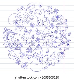 Merry Christmas celebration with children. Kids drawing illustration with ski, gifts, Santa Claus, snowman. Boys and girls play and have fun. School and kindergarten, preschool children