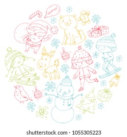 Merry Christmas celebration with children. Kids drawing illustration with ski, gifts, Santa Claus, snowman. Boys and girls play and have fun. School and kindergarten, preschool children