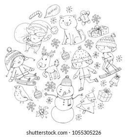 Merry Christmas celebration with children. Kids drawing illustration with ski, gifts, Santa Claus, snowman. Boys and girls play and have fun. School and kindergarten, preschool children