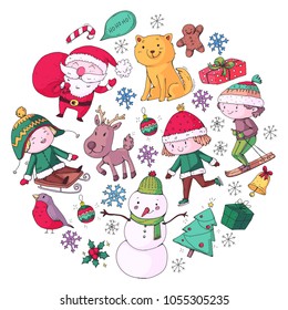 Merry Christmas celebration with children. Kids drawing illustration with ski, gifts, Santa Claus, snowman. Boys and girls play and have fun. School and kindergarten, preschool children