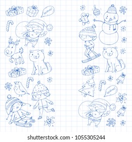 Merry Christmas celebration with children. Kids drawing illustration with ski, gifts, Santa Claus, snowman. Boys and girls play and have fun. School and kindergarten, preschool children