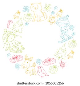 Merry Christmas celebration with children. Kids drawing illustration with ski, gifts, Santa Claus, snowman. Boys and girls play and have fun. School and kindergarten, preschool children