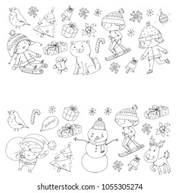 Merry Christmas celebration with children. Kids drawing illustration with ski, gifts, Santa Claus, snowman. Boys and girls play and have fun. School and kindergarten, preschool children