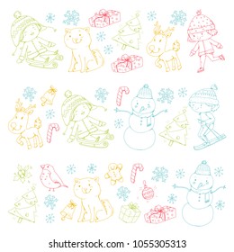 Merry Christmas celebration with children. Kids drawing illustration with ski, gifts, Santa Claus, snowman. Boys and girls play and have fun. School and kindergarten, preschool children