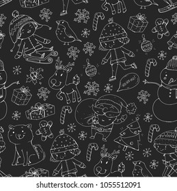 Merry Christmas celebration with children. Kids drawing illustration with ski, gifts, Santa Claus, snowman. Boys and girls play and have fun. School and kindergarten, preschool children