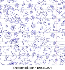 Merry Christmas celebration with children. Kids drawing illustration with ski, gifts, Santa Claus, snowman. Boys and girls play and have fun. School and kindergarten, preschool children