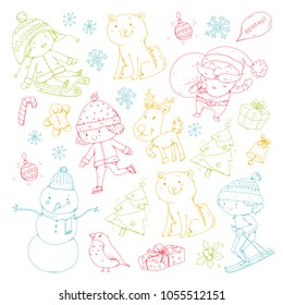 Merry Christmas celebration with children. Kids drawing illustration with ski, gifts, Santa Claus, snowman. Boys and girls play and have fun. School and kindergarten, preschool children