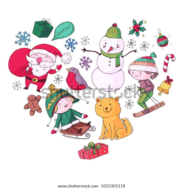 Merry Christmas Celebration Children Kids Drawing Stock