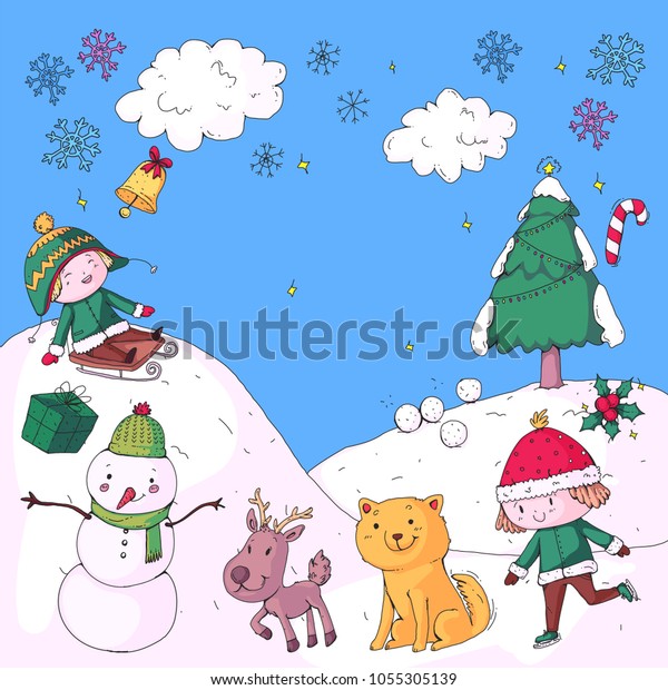 Merry Christmas Celebration Children Kids Drawing Stock