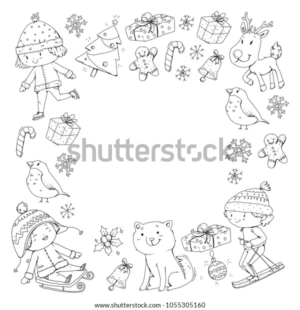 Merry Christmas Celebration Children Kids Drawing Stock