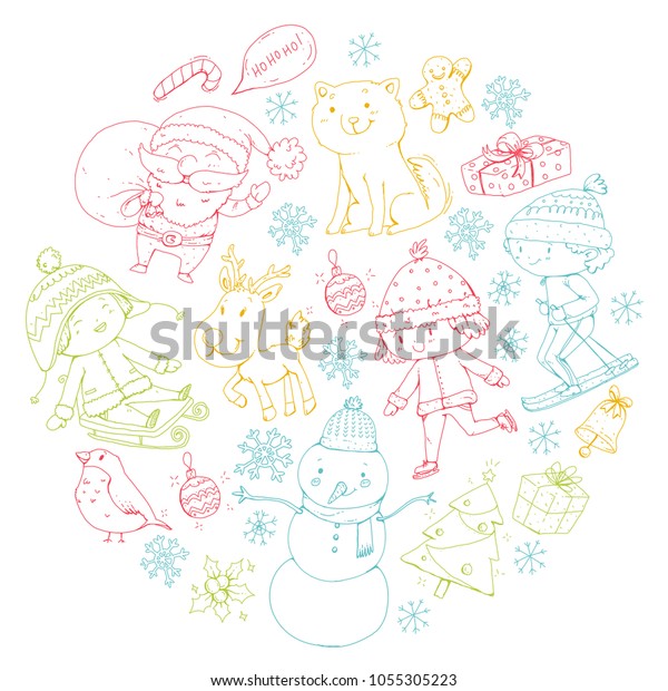 Merry Christmas Celebration Children Kids Drawing Stock