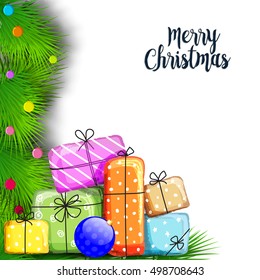 Merry Christmas celebration with colorful gift boxes on fir branches decorated white background.