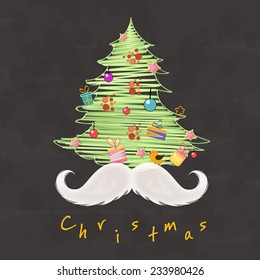 Merry Christmas celebration concept with beautiful X-mas tree and big moustache on black background.