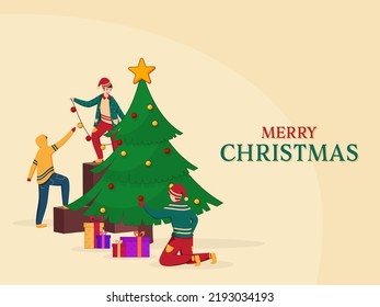 Merry Christmas Celebration Concept With Cartoon Kids Decorating Xmas Tree On Pastel Yellow Background.