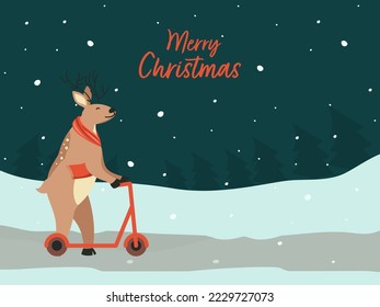 Merry Christmas Celebration Concept With Cartoon Reindeer Riding Kick Scooter On Teal Green Snowfalling Background.