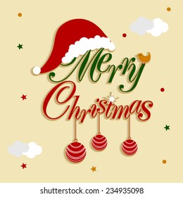 Merry Christmas celebration concept with colorful text and X-mas ornaments on clouds decorated stylish background.