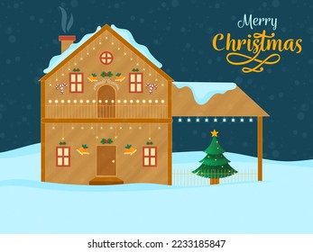 Merry Christmas Celebration Concept With Decorative Chimney House, Xmas Tree On Blue And Cyan Snowy Background.