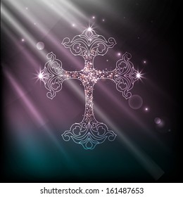 Merry Christmas celebration concept with floral decorated Christian Cross on shiny purple and green background.