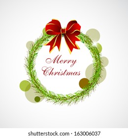Merry Christmas celebration concept with frame decorated by green fir trees and red ribbon on grey background, can be use as flyer, banner or poster. 