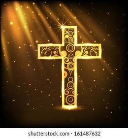 Merry Christmas celebration concept with golden Christian Cross on shiny brown background.