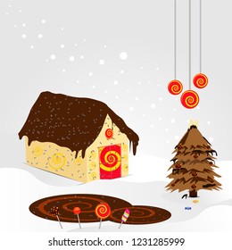 Merry Christmas celebration concept, illustration of hut, xmas tree and chocolate candies on gray winter landscape background.