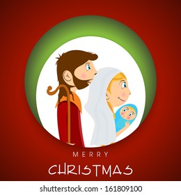 Merry Christmas celebration concept with illustration of a happy family on red and green background. 