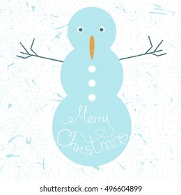 Merry christmas celebration concept with lettering and snowman . New year vector textured illustration for banner, card, invitation, label, postcard, template.