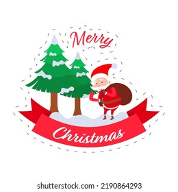 Merry Christmas Celebration Concept With Santa Claus Lifting A Heavy Bag And Snowy Xmas Trees On White Background.